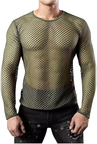 Uillui Mens Mesh Fishnet Muscle Shirts See Through Mesh Party Vest Tops Workout Muscle Tank Fitted Crew Neck Base Layer Tee