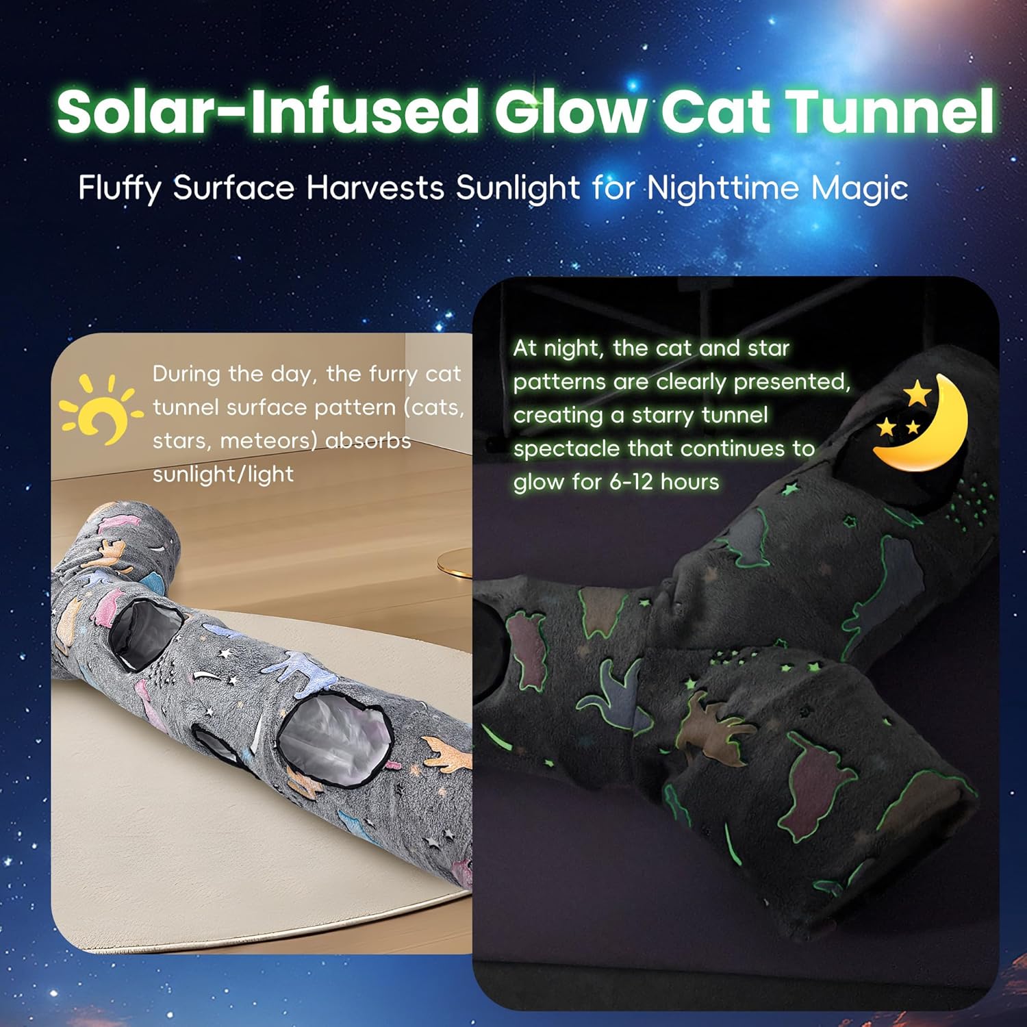 Cat Tunnel for Indoor Cats,Tree Trunk Cat Tunnels with Plush Ball Toys Collapsible,Stars, Moon Shape Self-Luminous, for Indoor Cats,Pets Bunny Rabbits, Kittens, Ferrets