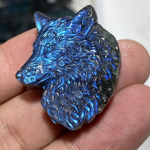 Miniatura 5 de TEAMWILL Cristal de labradorita natural de cuarzo tallado a mano cabeza de lobo Reiki cristal curativo magnífico escultura de piedra estatua estatua