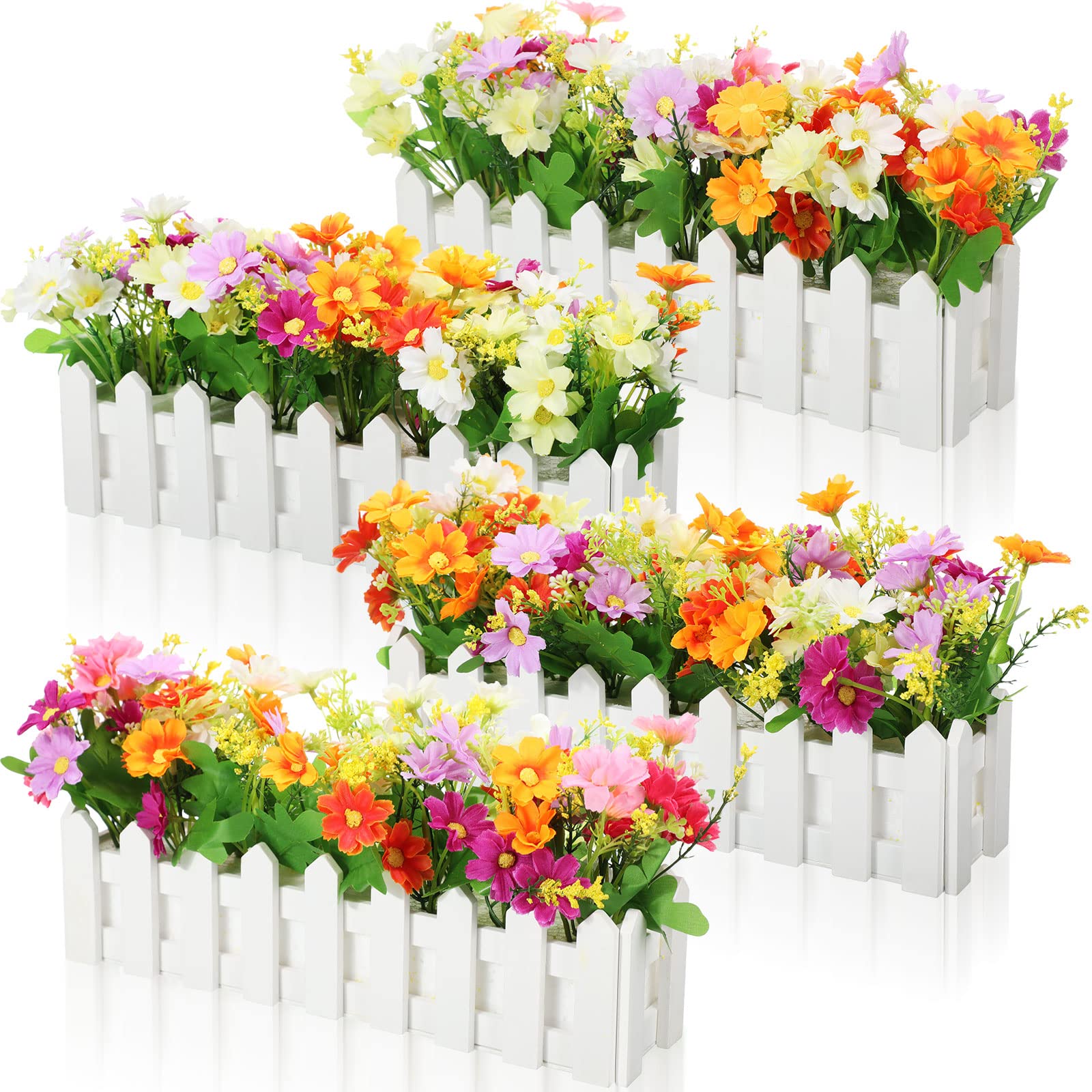 Photo 1 of Pinkunn 4 Sets Artificial Flower Plants in Pots Fake Daisies in Picket Fence for Outdoors Indoor Spring Summer Decorations for Office Home Window Wedding Decoration(Multicolor)