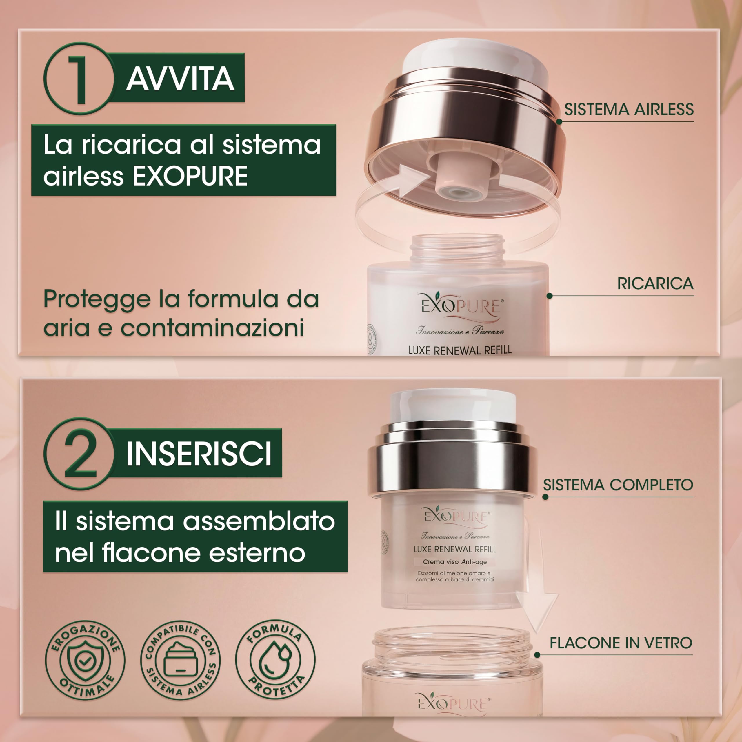 Kit 100ml Crema Viso Antirughe Luxe Renewall (50ml + Refill 50ml) | Con Esosomi di Melone Amaro, Peptidi e Ceramidi | Crema Idratante Viso Uomo Donna | 100% Made in Italy