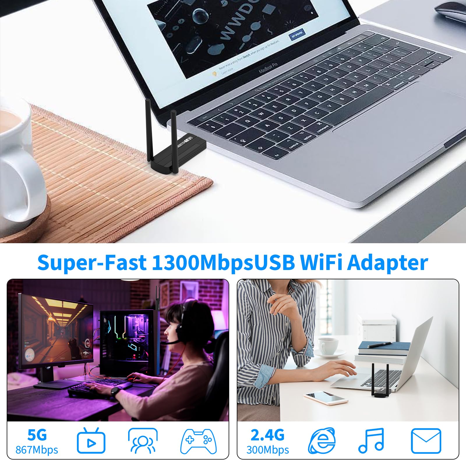 Clé USB WLAN pour PC - Clé Internet 1300 Mbps USB 3.0 double bande 2,4 GHz/5,8 GHz Adaptateur Wi-Fi PC avec 2 antennes 5dBi PC/ordinateur portable, compatible avec Windows 11/10/8/7/Vista/XP, Mac OS