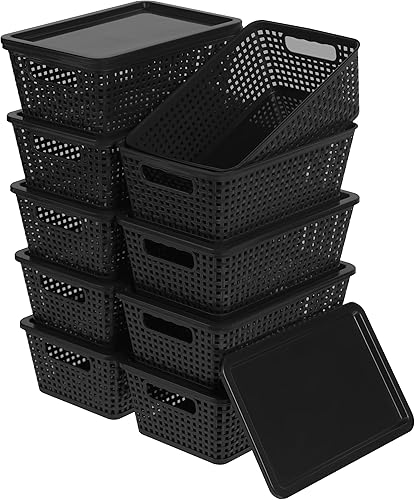 Miniatura 10 de Cestas de almacenamiento de plástico con tapa, contenedores de almacenamiento para organizar, contenedores decorativos apilables para estantes,