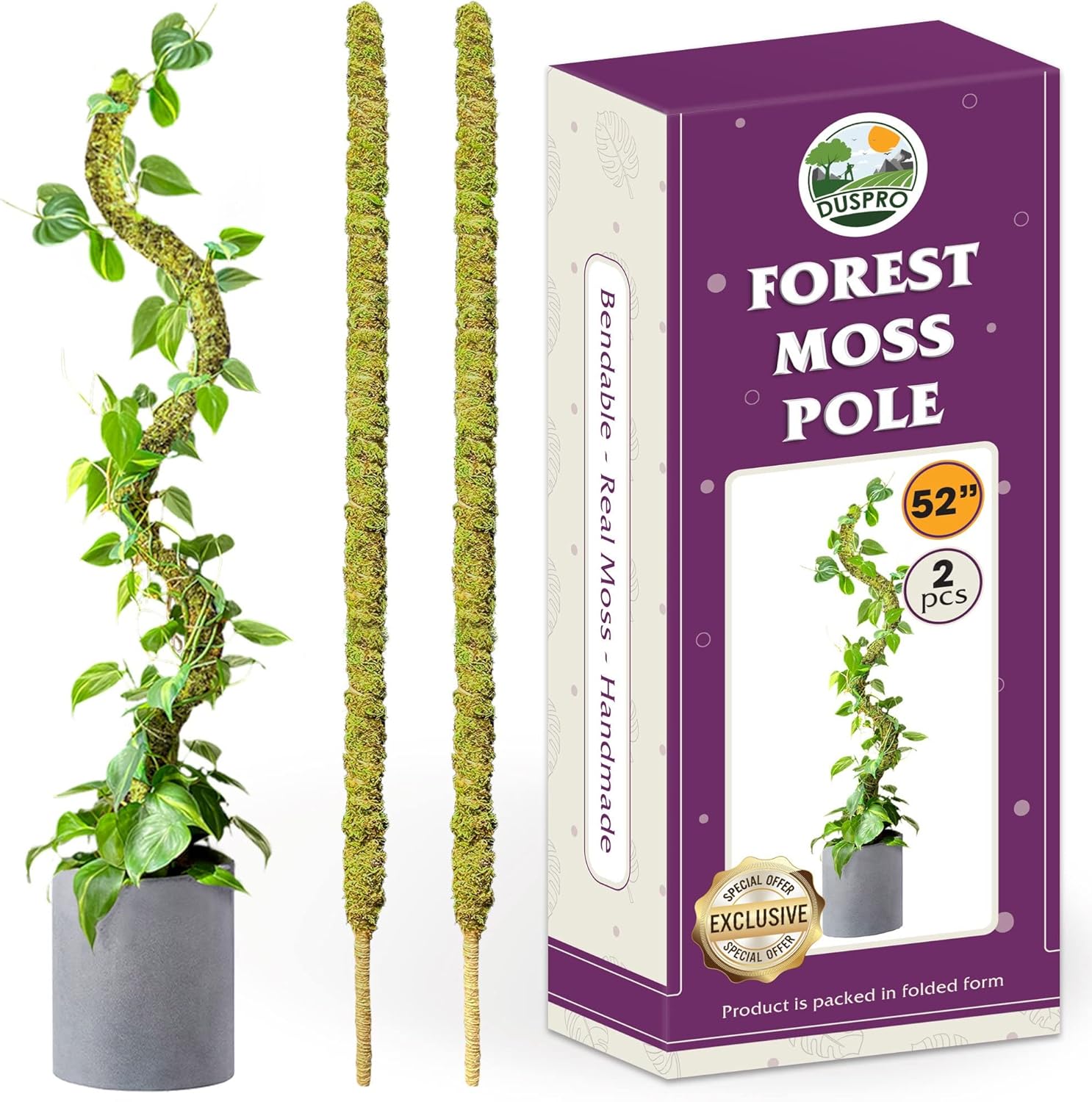 Duspro 52 Inch Pack 2 Tall Moss Pole for Plant Monstera Bendable Plant