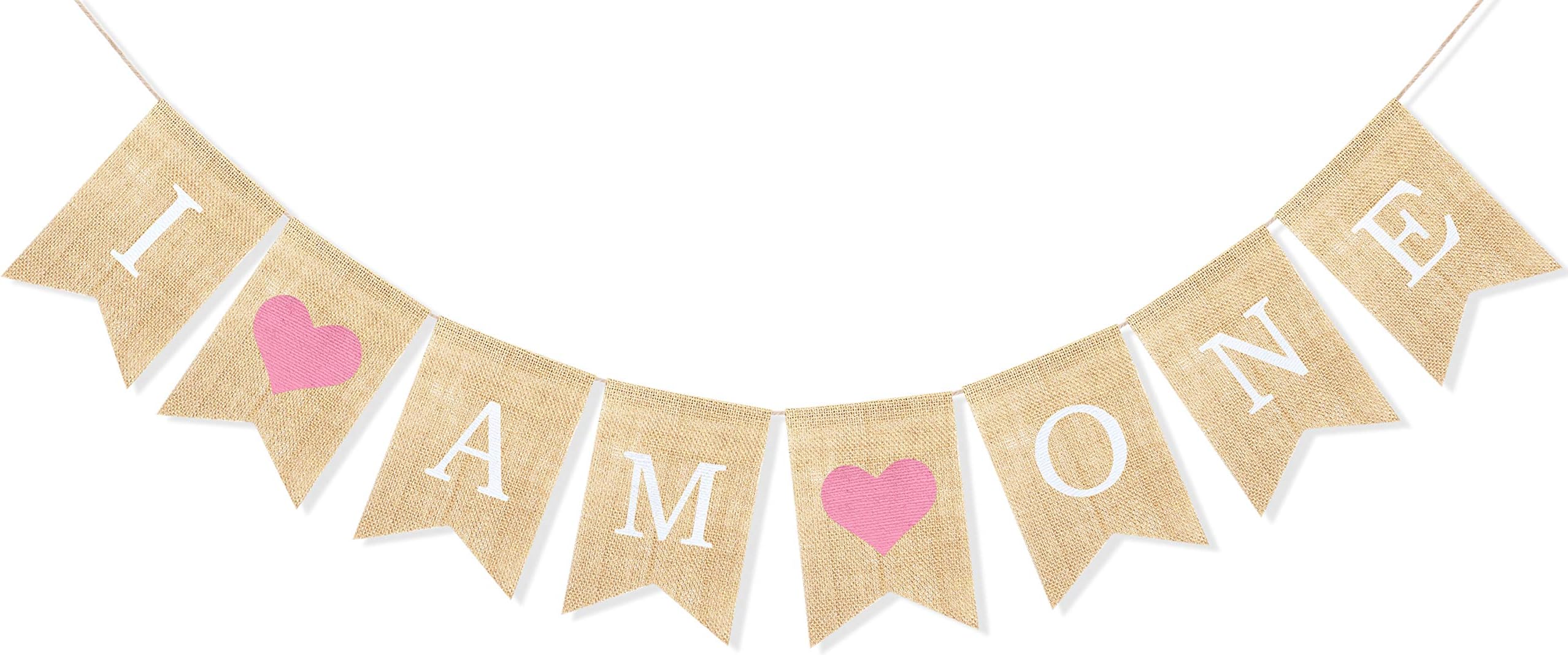 Uniwish I Am One Banner Baby Girl First Birthday Party Decorations, Vintage Rustic Burlap Bunting with Pink Hearts