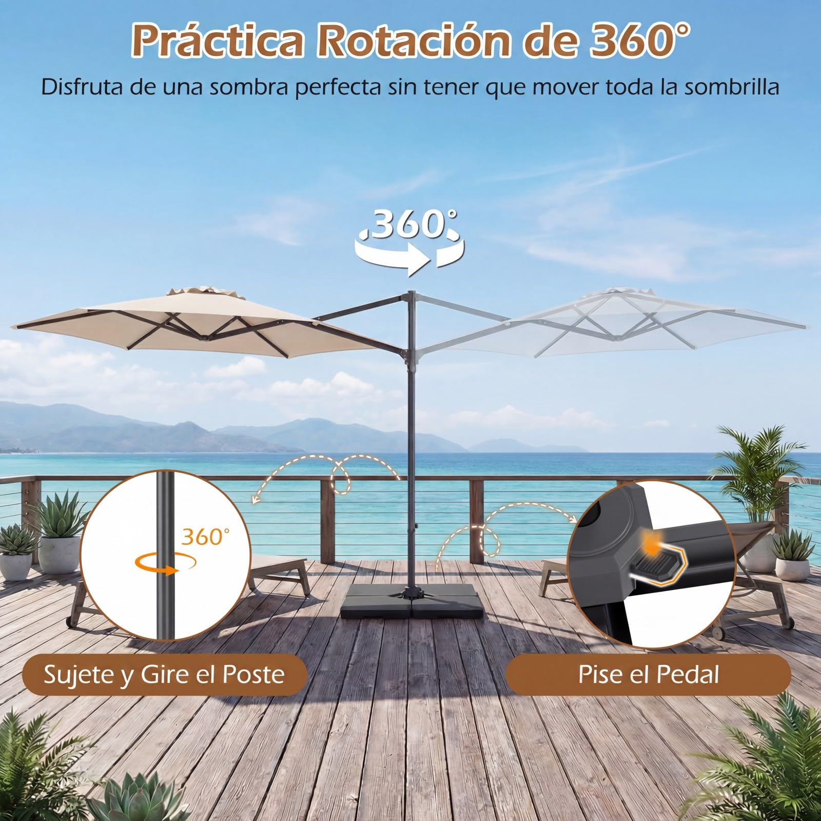 COSTWAY Sombrilla Terraza Exterior, Parasol Excentrico Jardín con Rotación de 360°, Varillas Metálicas y Base en Cruz, Parasol Colgante Exterior para Patio Terraza Piscina (300 cm,Beige)