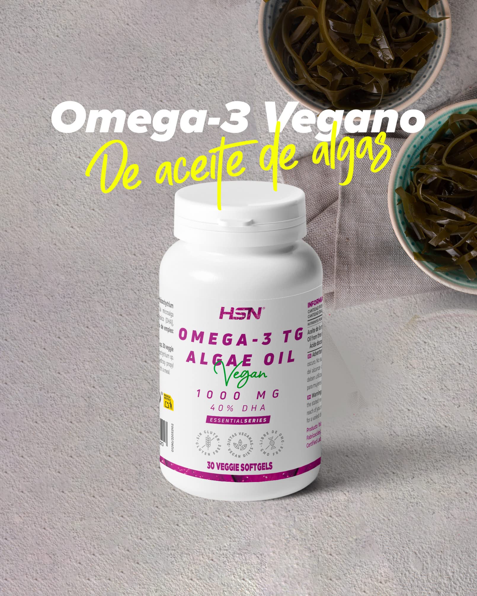 HSN Omega 3 Vegano (400mg DHA) | 120 Perlas Vegetales | 1000mg Aceite de Algas (Schizochytrium sp.) en forma de Triglicéridos Naturales [TG] de Alta Biodisponibilidad | No-GMO, Sin Gluten