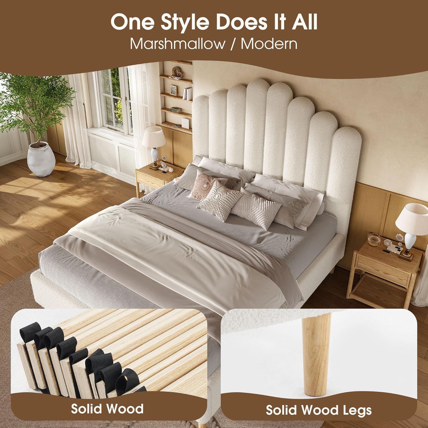 57" Tall Queen Size Boucle Bed Frame with Cloud Upholstered Headboard, Soft Bedframe with Round Corners, Solid Wood Legs, No Box Spring Needed, Easy Assembly, White