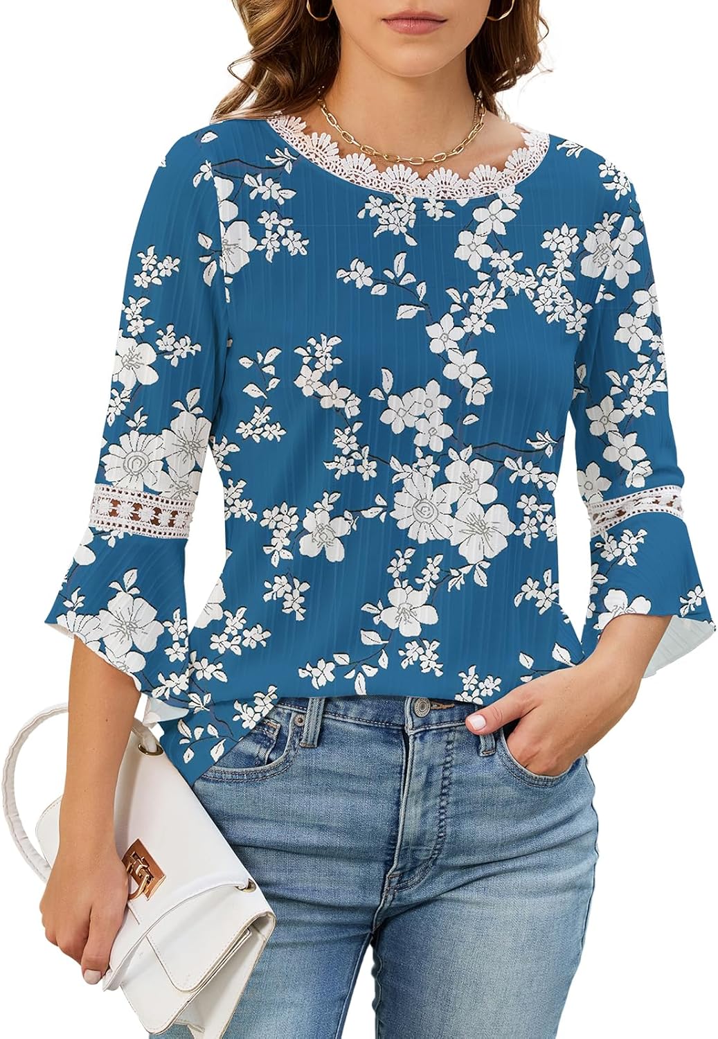 3/4 Sleeve Tops for Women Floral Print Fashion Blouses Loose Fit Tunic Top Bohemian Bell Sleeve T-Shirts Dressy Casual - Image 4