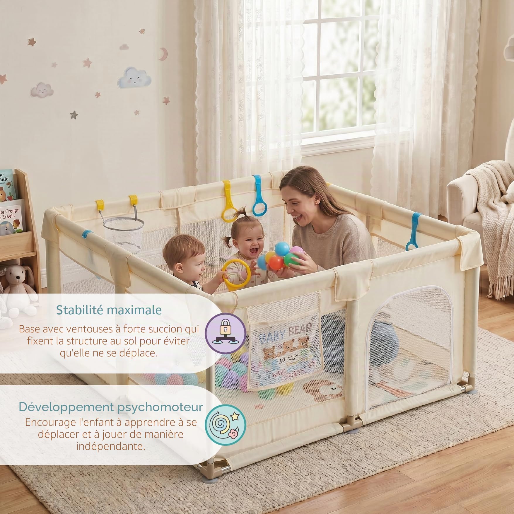 Buddy Baby Park - Parc Enfant Bébé 120x120cm + Tapis + Poignées + Panier + Boules – Parc de Jeu Bébé avec Maille Respirante – Parc de Jeux Bébé Pliable avec Porte Latérale (Vanille)