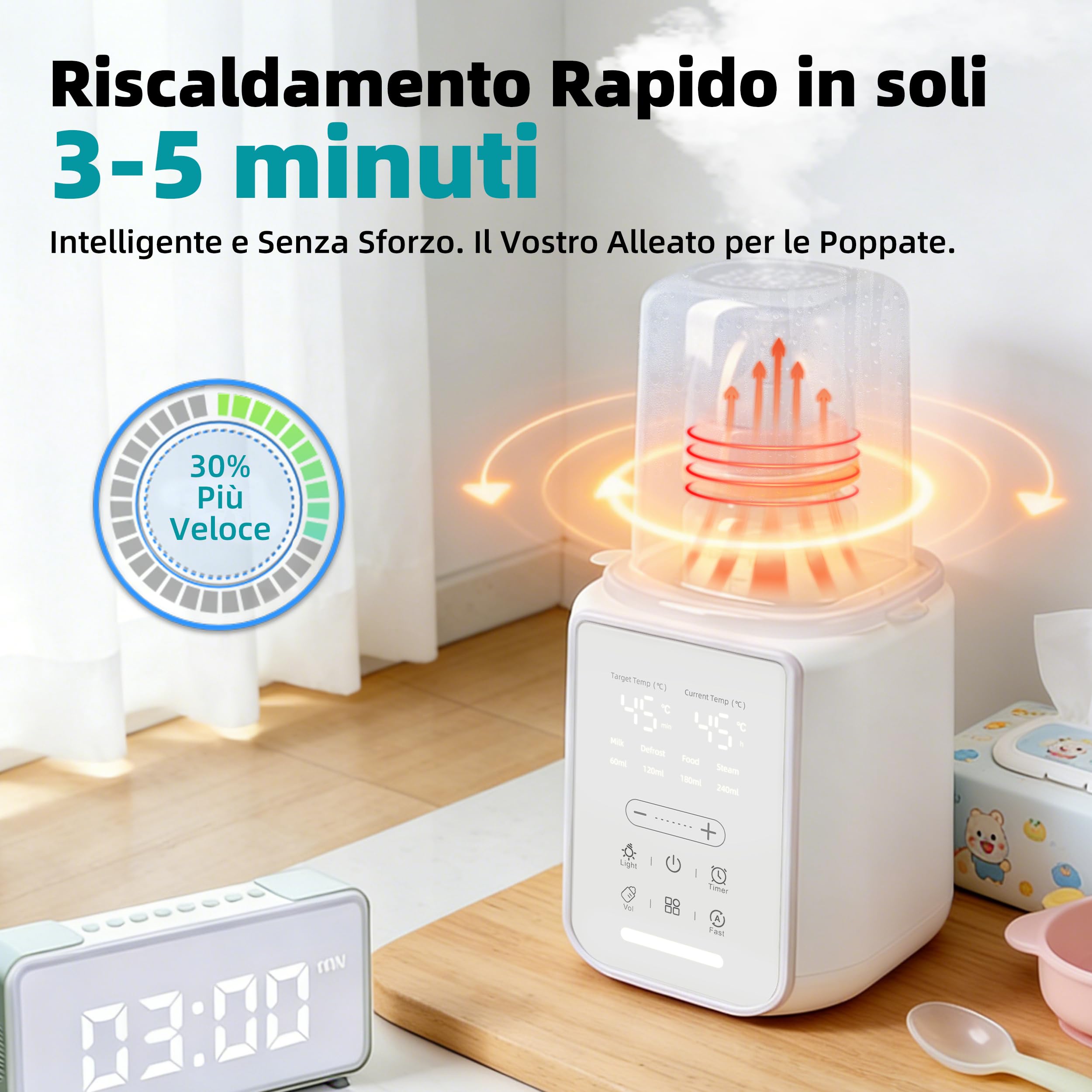 Scaldabiberon 8-in-1 con Controllo Temperatura Intelligente, per Latte Materno e Formula, con Funzione Sterilizzazione, Protezione da Surriscaldamento e Mantenimento della Temperatura Costante