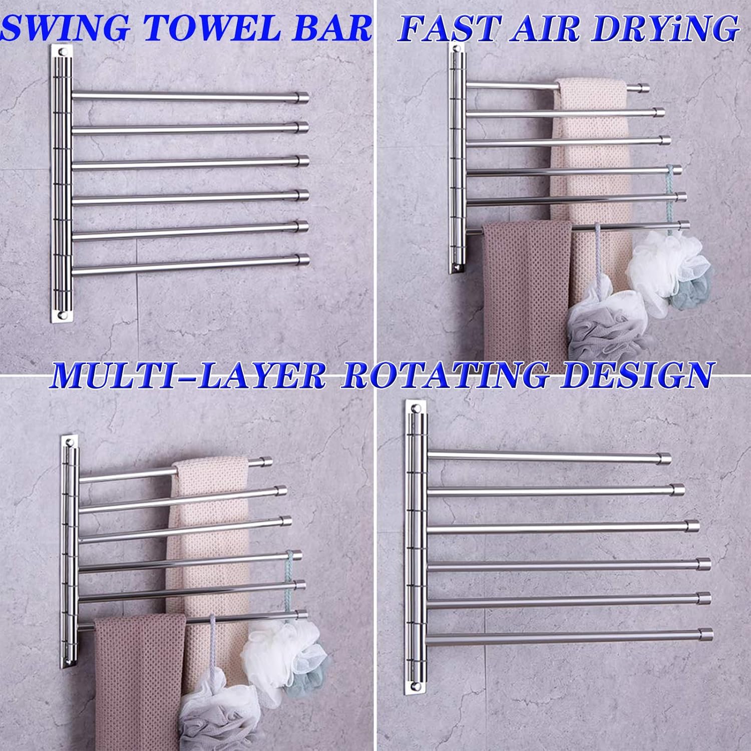 GERZWY Bathroom Swing Arm Towel Bars Wall Mount Bath Towel Rack with 6 Arms Hanger Towel Holder Organizer Polished Stainless Steel HYG06-JG
