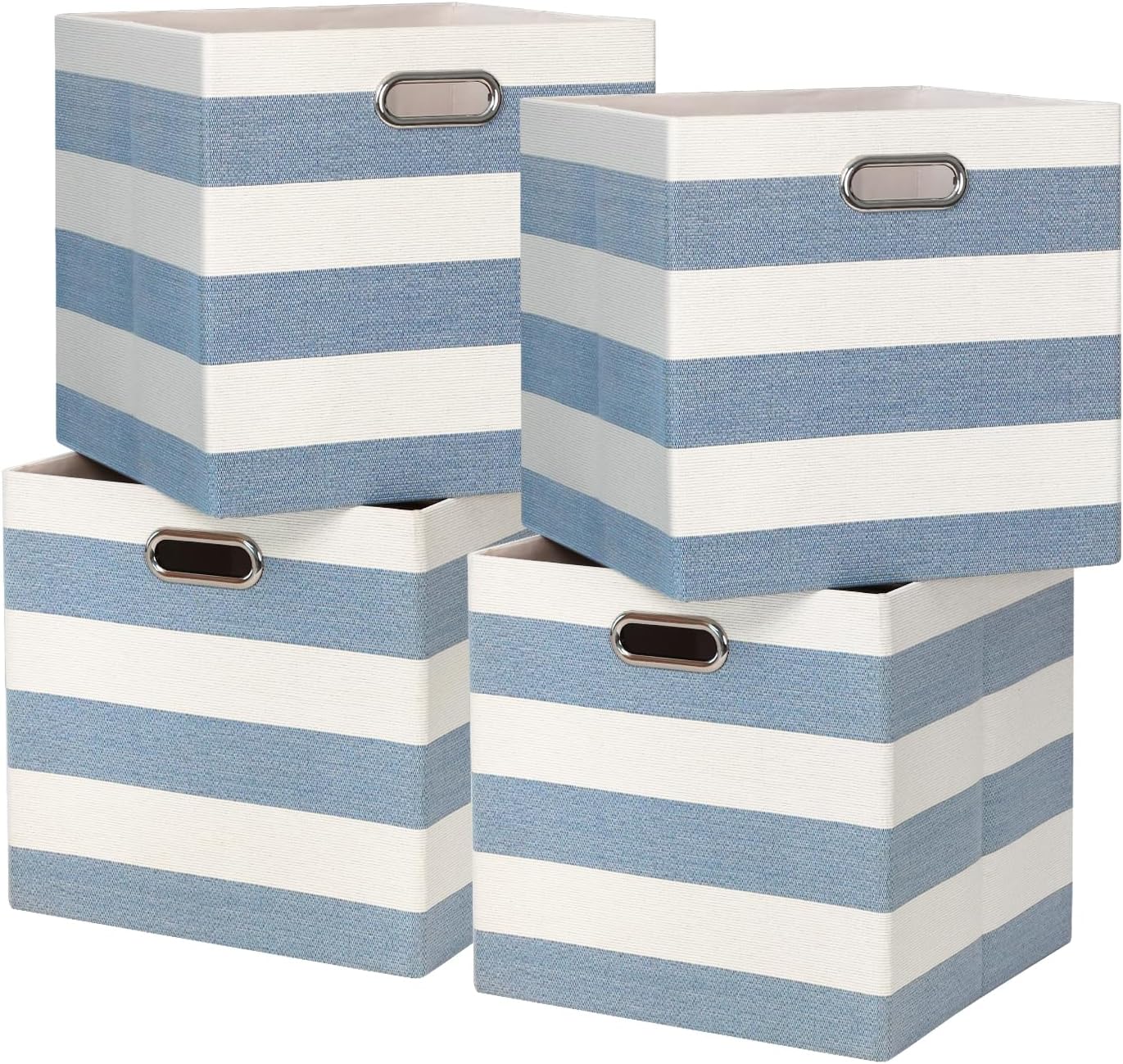 4-Pack 33x33x33 cm Foldable Storage Cube Bins, Fabric Stripes Home Organizer Boxes with Metal Handles for Kallax Shelves, Closet, Cabinet, Bookcase Decor and Laundry (Blue & White)