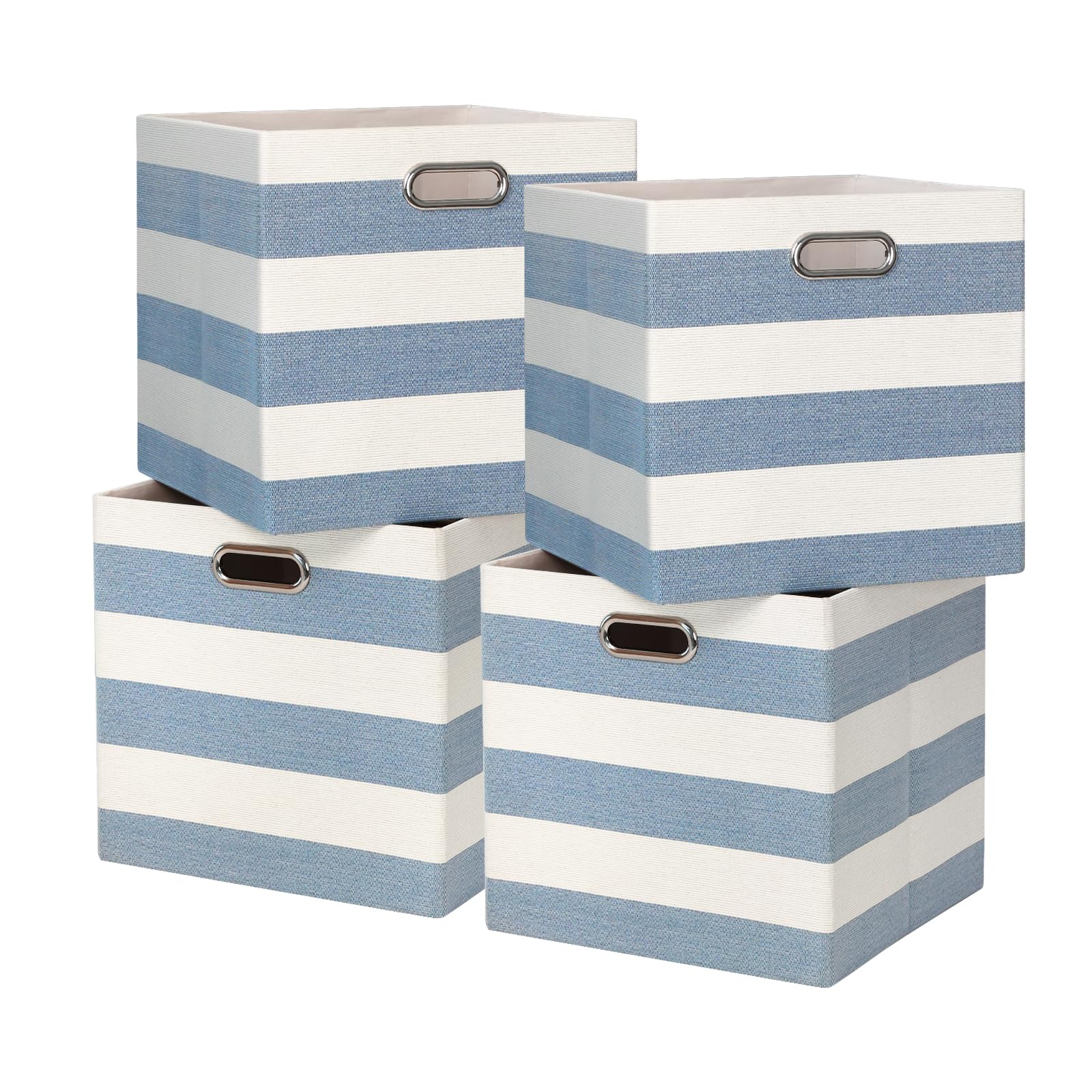 BinWhiz 4-Pack 33x33x33 cm Foldable Storage Cube Bins, Fabric Stripes Home Organizer Boxes with Metal Handles for Kallax Shelves, Closet, Cabinet, Bookcase Decor and Laundry (Blue & White)