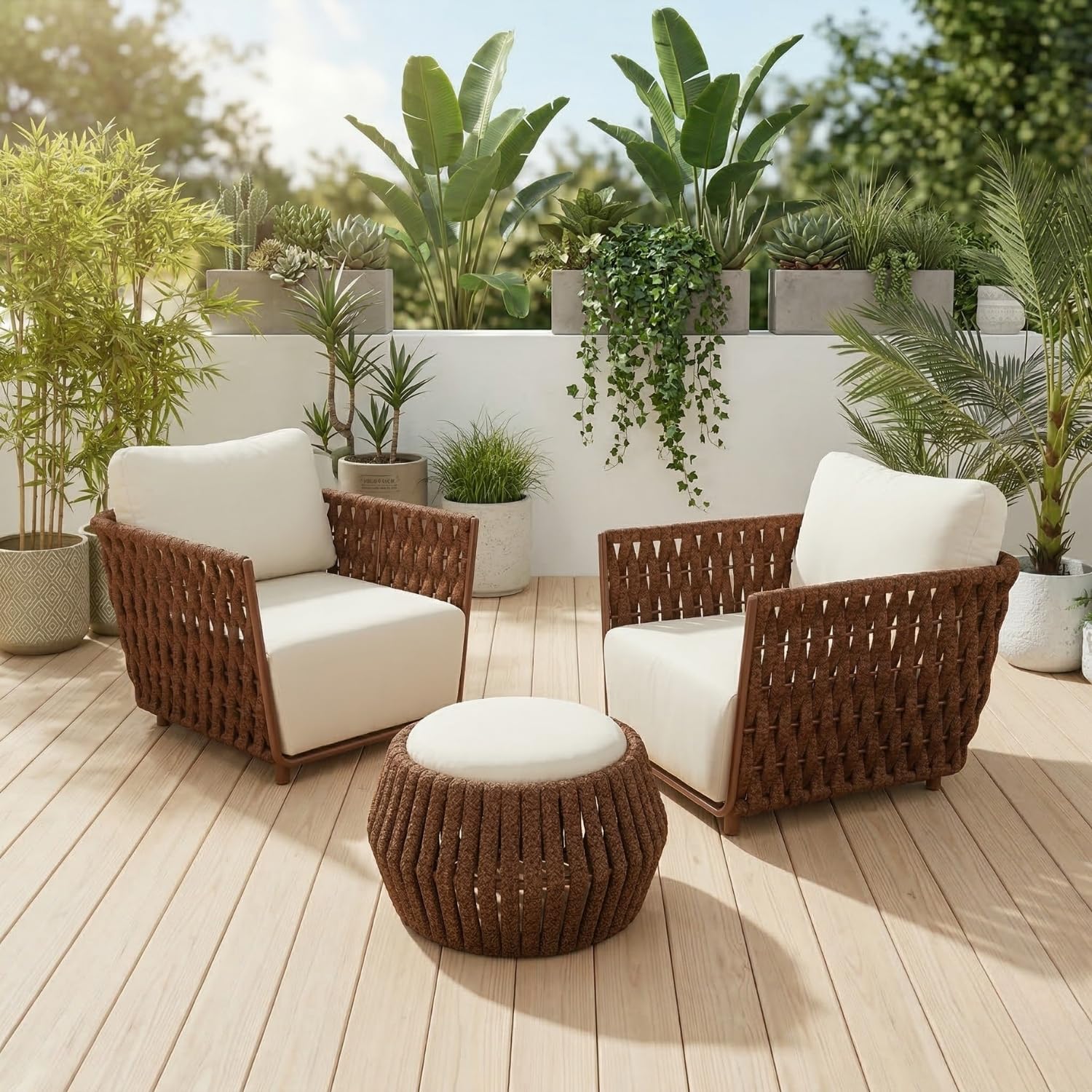 DEVOKO Outdoor Rope 3-Piece Patio Set with 2 Single Seater Chairs & Ottoman, All-Weather Cushioned Balcony Furniture for Garden & Poolside (Brown & Off-White)-image-34