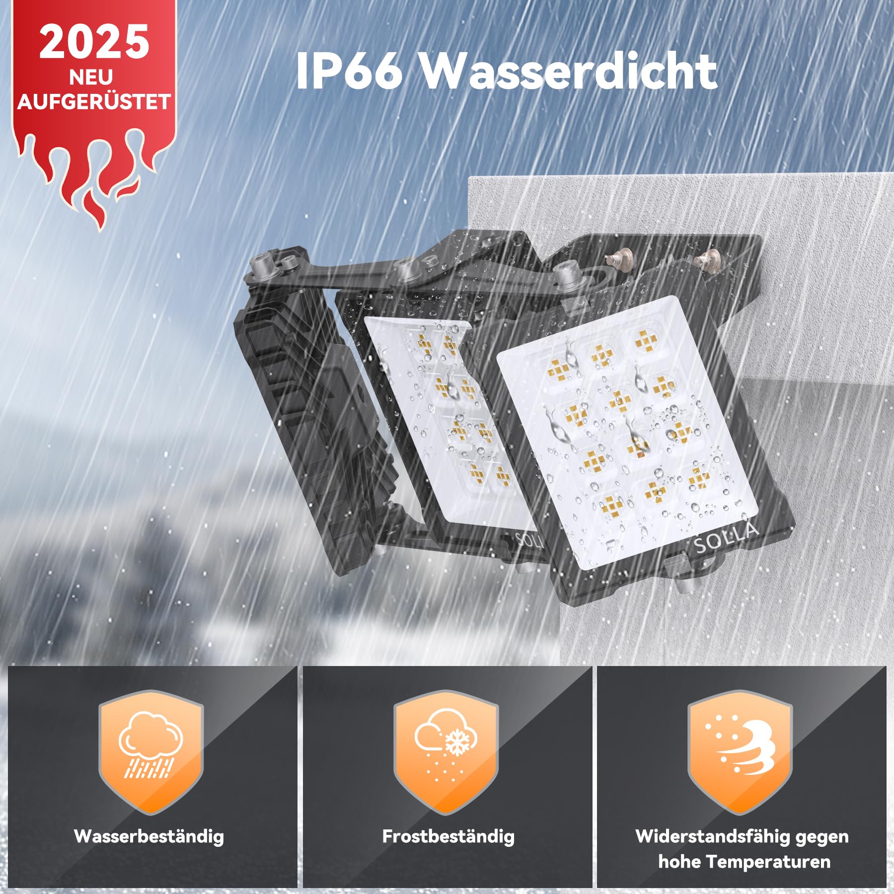 SOLLA 150W 2025 Plus NEU AUFGERÜSTET LED Außenflutlicht, 15000LM 6000K Tageslichtweiß IP66 Wasserdicht, Stadionbeleuchtung, 3 Köpfe Verstellbares Außen-Sicherheitsbeleuchtung für Höfe, Terrassen