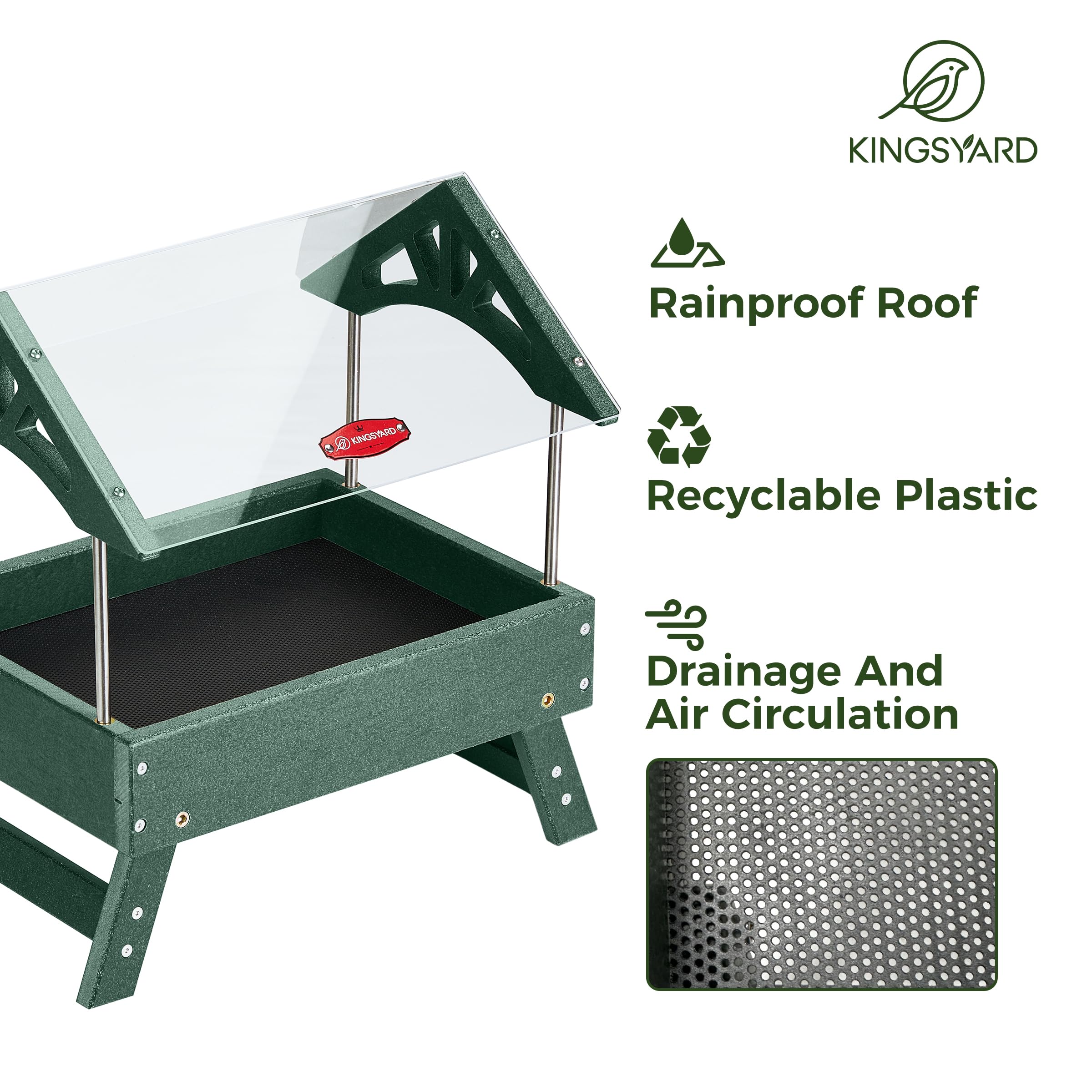Kingsyard Comedero para pájaros molido para exteriores – Comedero de plataforma de plástico reciclado para pájaros silvestres, comederos para ardillas a prueba de lluvia, gran capacidad de 5 libras,