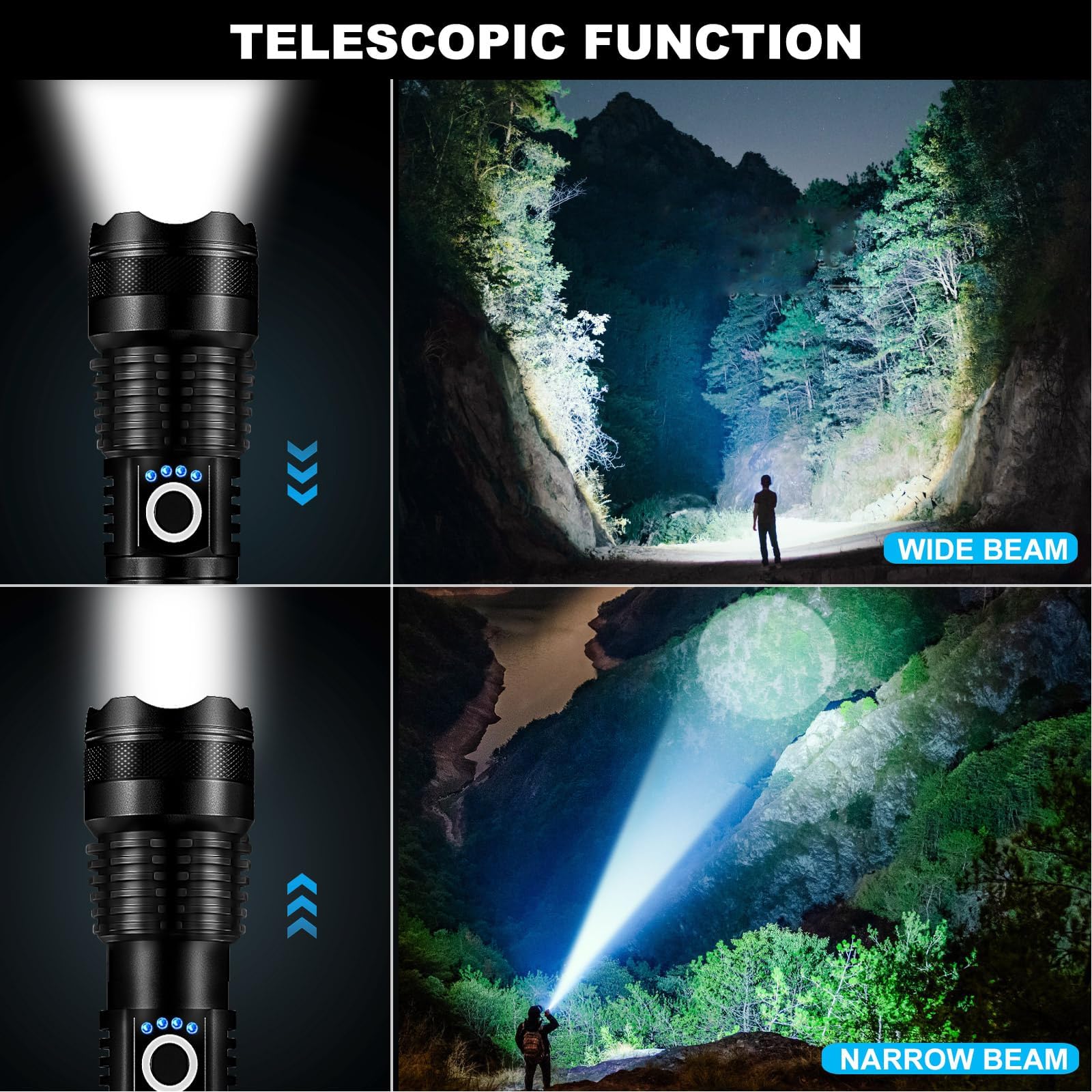Paquete de 3 linternas LED recargables de alto lúmenes, 90,000 lm, linterna súper brillante, ajustable de 5 modos de luz de flash potente con cable USB, linterna de mano impermeable para emergencias