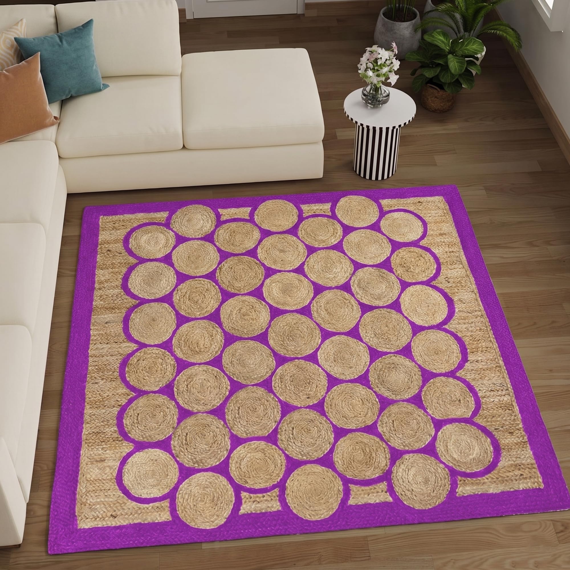 Tapis en jute naturelle carrée 3x3m avec bordure rose