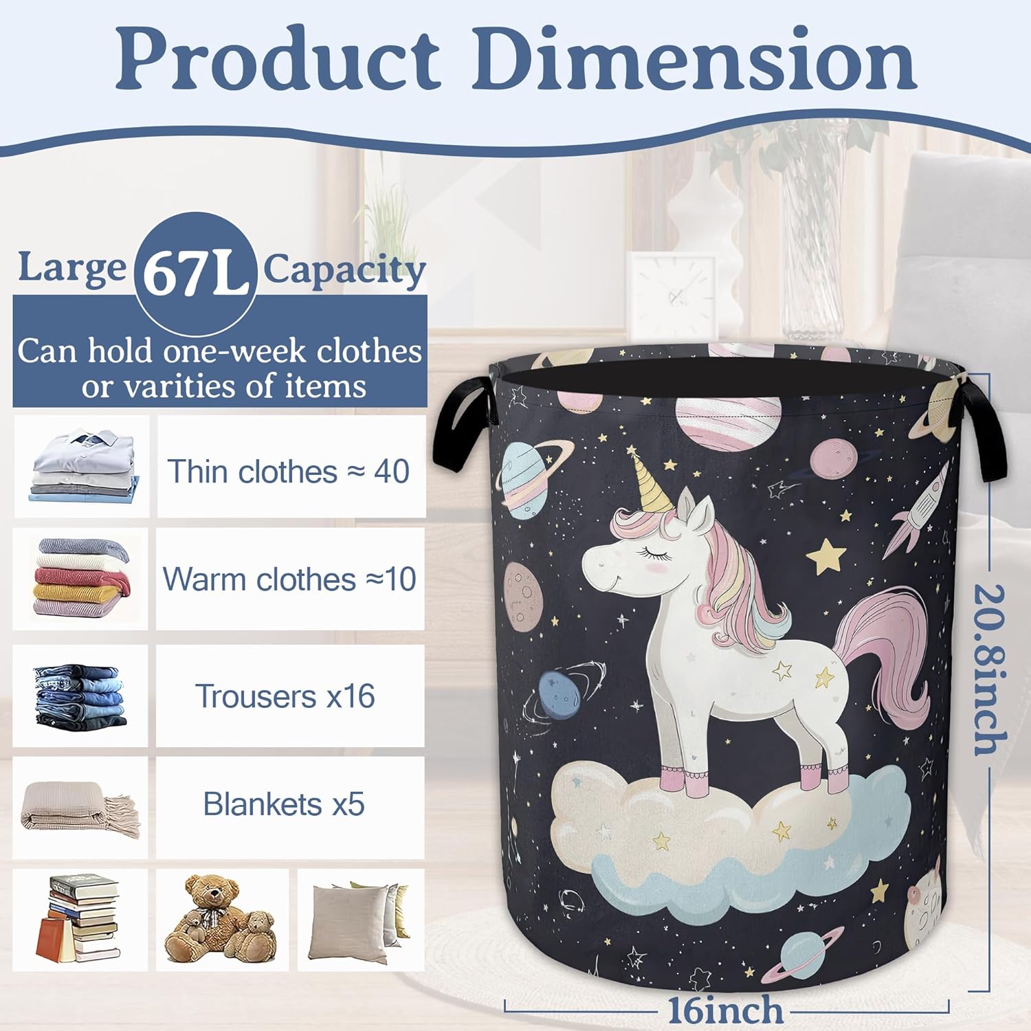 Cute Unicorn Laundry Basket,Foldable Oxford Cloth Planet Laundry Hamper with Handles, 20.8"x16" Tote Bag Clothes Storage Bucket for Laundry Room/Bathroom/Bedroom/Dormitories