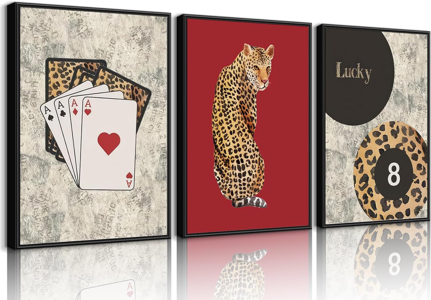 Red Trendy Leopard Wall Art Set,Vintage Cheetah Pictures,Retro Lucky 8 Ball Poster Prints,3 Piece Preppy Aesthetic Wall Decor,for Girly Bedroom Living Room Dorm Apartment 12x16in Canvas