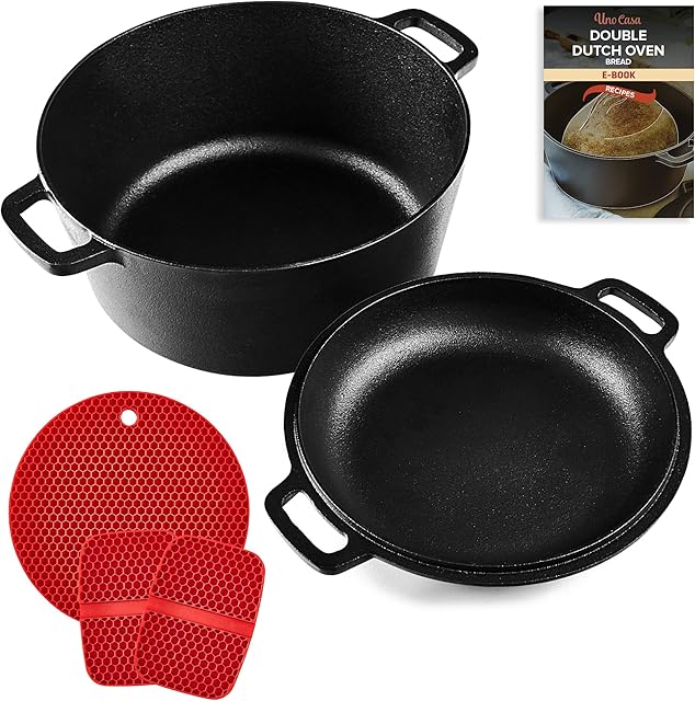 Uno Casa Cast Iron Dutch Oven with Lid- 2 in 1 Camping Oven, 5 Quart Cast Iron Pot, 1.6 Quart Cast Iron Pan, Dutch Oven Cast Iron, Dutch Pot, Dutch Oven Camping, Cast Iron Pot with Lid