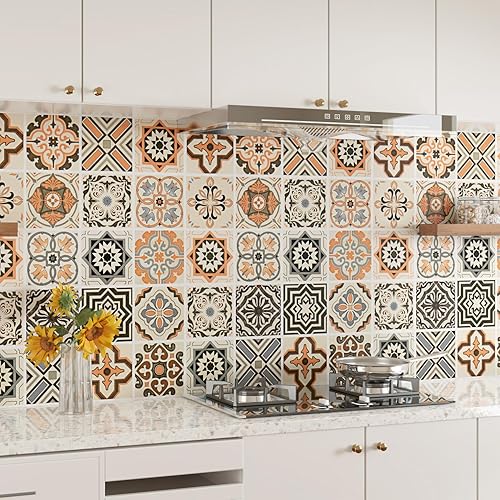 Miniatura 3 de Papel tapiz bohemio para cocina, impermeable, para despegar y pegar, papel de pared color naranja, autoadhesivo, azulejos geométricos, extraíble,