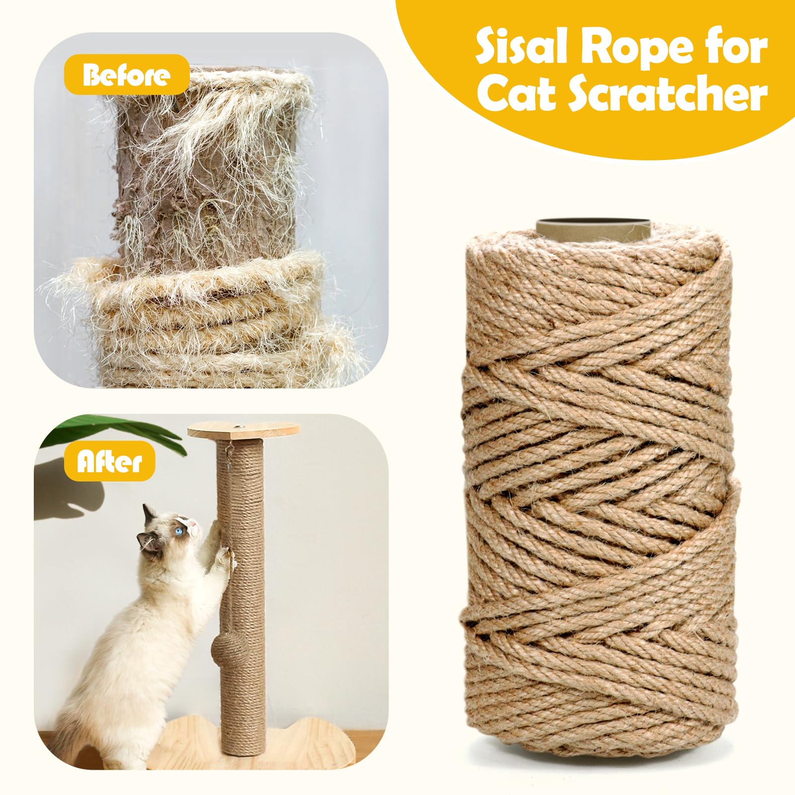 60m Natural Sisal Rope for Cat Scratching Posts - 5mm Thick, Durable & Eco-Friendly, 5 mm x 60 m - Image 4