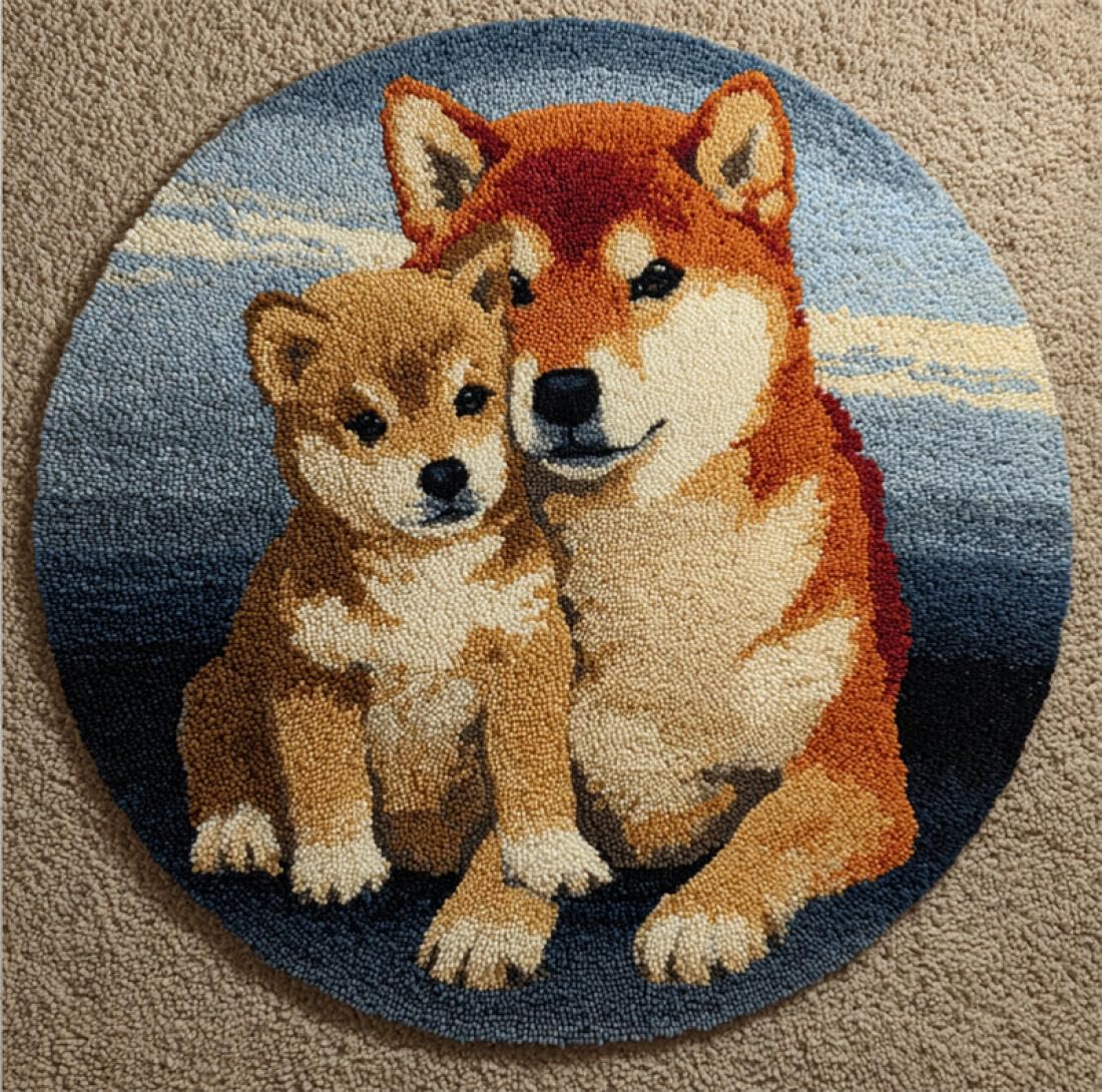 Rqwybcaxn DIY Rug Latch Hook Kits for Beginners Animal Cross Stitch Kit Cartoon Shiba Inu 60x60cm Round Tapestry with Crochet Hook Bedroom Craft Gift