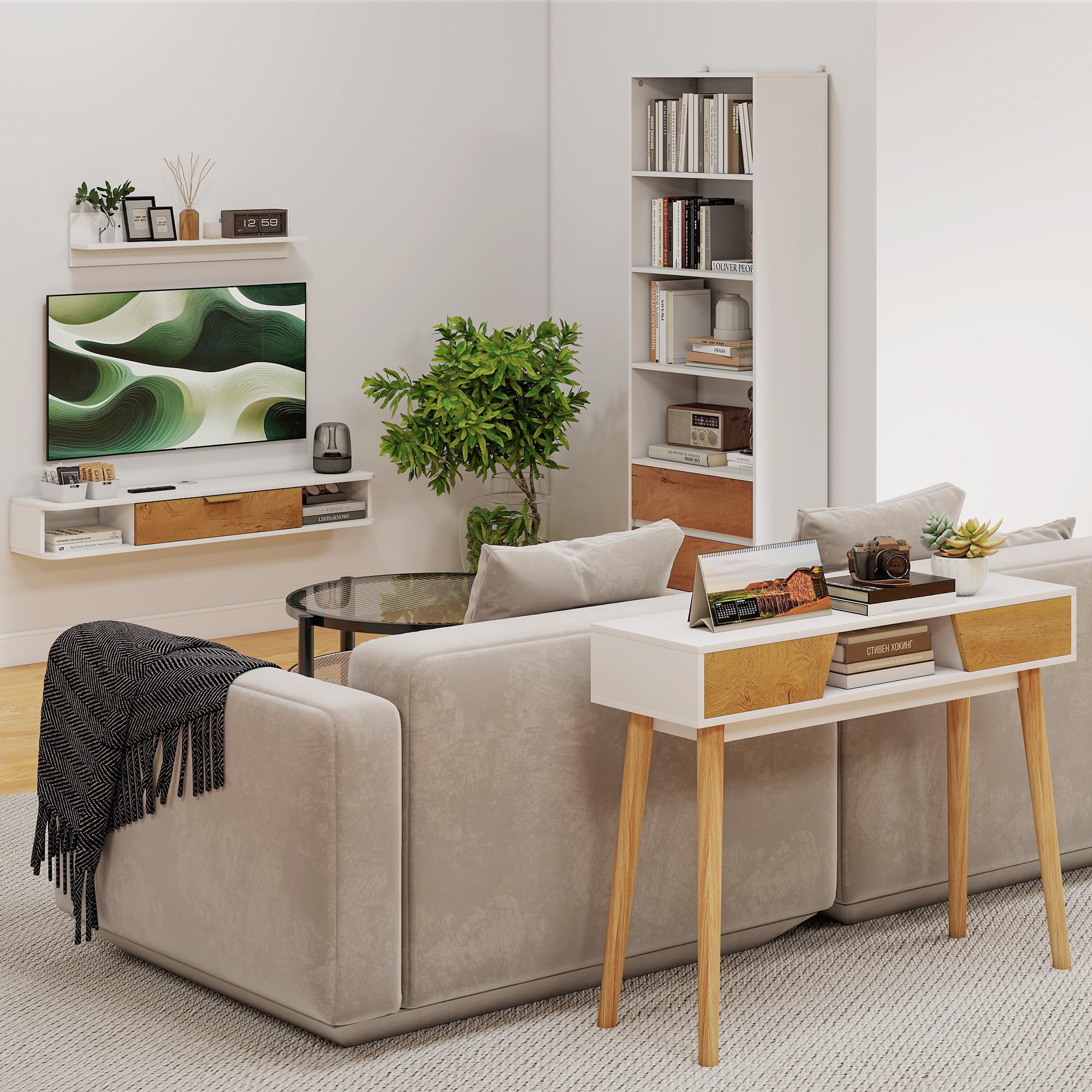 HOMCOM Conjunto de Muebles de Salón, Muebles de TV con Estante de Pared, Puerta, Estantes Abiertos, Orificios para Cables, para Televisión de Pared, 120x24x16 cm, Blanco