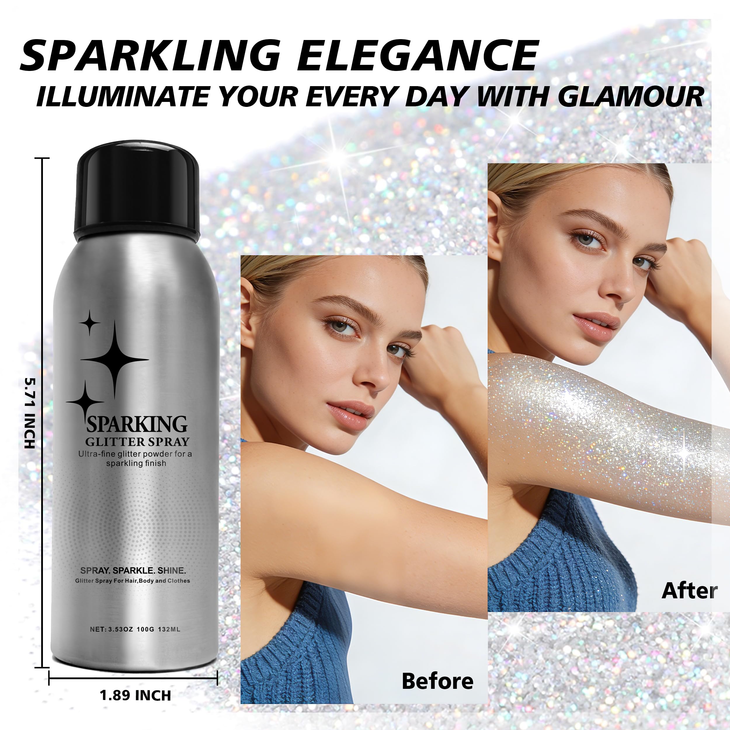 Mifeloy Hair and Body Glitter Spray - Long-Lasting Hair Spray & Body Shimmer, Face Glitter, Quick-Drying Spray Glitter, Festival, Concert, Prom - Glitter Hairspray for Men Women, 100ml - 3