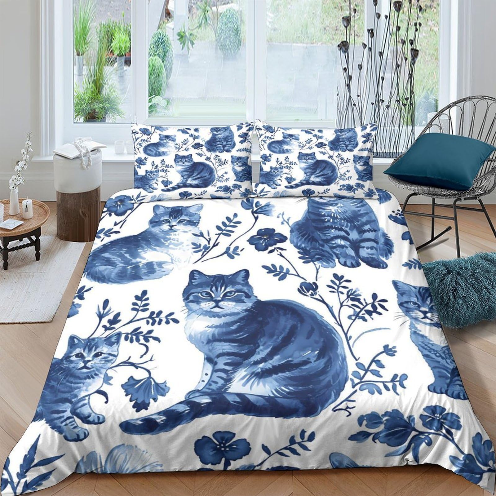 XFKLYNVCJ 3D Printed Blue cat pattern Comforter Cover Premium Polyester Vintage floral design Quilt Cover Wrinkle Free Durable for Housewarming Gift New Homeowners Bedding Use Single（140x200cm）