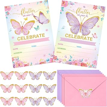 Sepamoon 24 Sets Butterfly Birthday Invitations Girl with Envelopes and Stickers, Baby Shower Invitations for Girl, Butterfly Birthday Party Invitation Cards for Children Party Supplies FavorsPurple