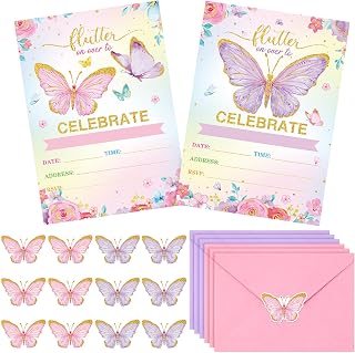 Sepamoon 24 Pack Butterfly Birthday Party Invitations with Envelopes Girls Floral Butterfly Invitation Cards Stickers Birthday Invitations Cards for Girls Party Baby Shower Wedding Decor(Purple)