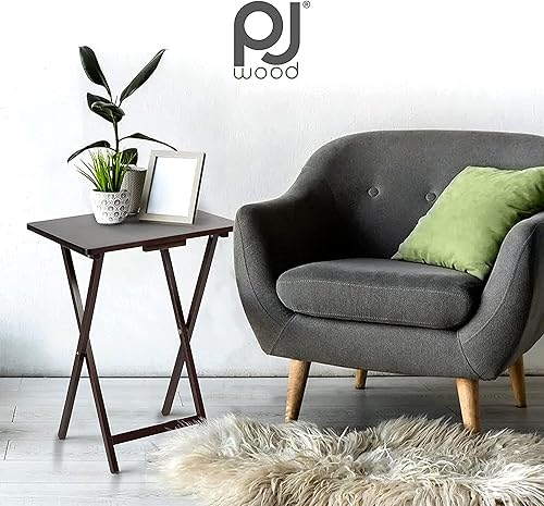 Miniatura 2 de PJ Wood Bandeja plegable portátil de madera sólida y resistente, soporte para servir mesa de TV, color marrón espresso (juego de 8 piezas)