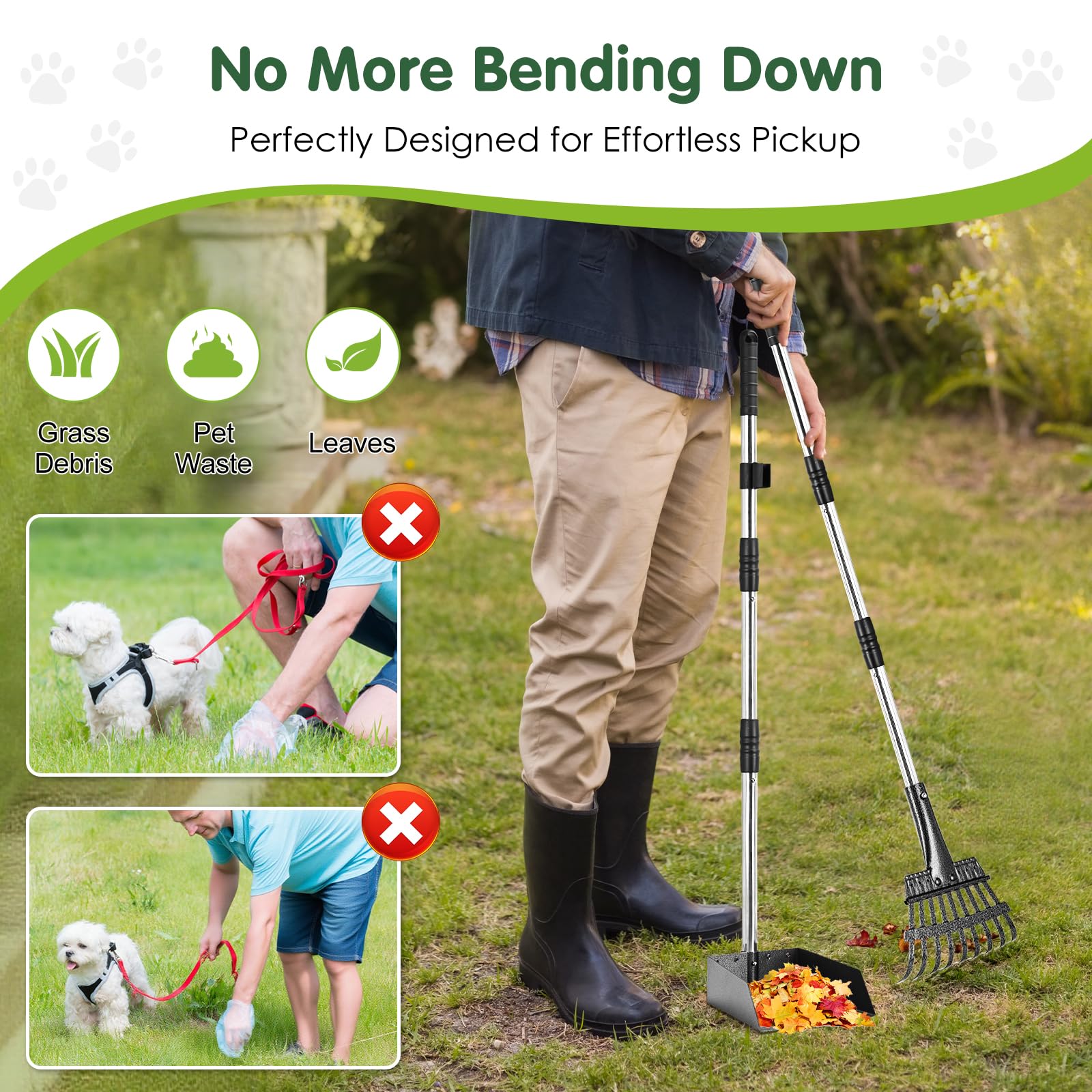 lychee Plateau et râteau en métal inoxydable robuste pour chiens de petite et moyenne taille - Longue poignée réglable - Antirouille - Avec attache pour sac et clip pour laisse