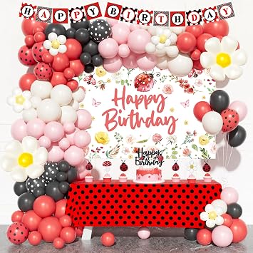 Ladybug Birthday Party Decorations, 97 PCs Lady Bug Themed Party Supplies with Happy Birthday Backdrop, Red and Black Balloon Garland, Polka Dots Tablecloth, Cake Topper