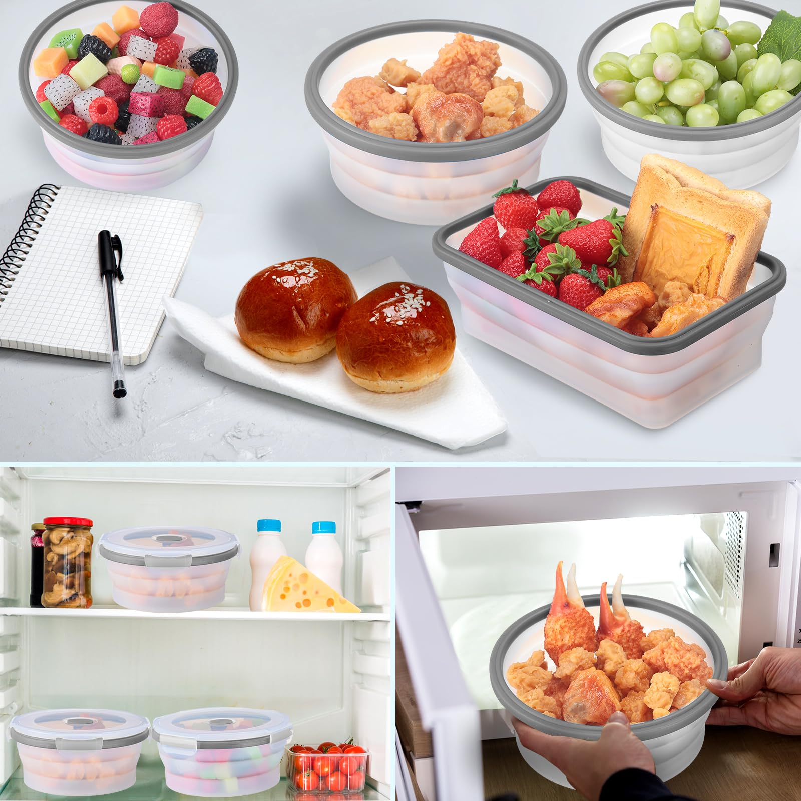 Dandat 12 recipientes plegables de silicona para almacenamiento de alimentos, recipientes plegables de silicona para almuerzo, 6 rectangulares y 6 redondos, herméticos, plegables con tapa, juego para