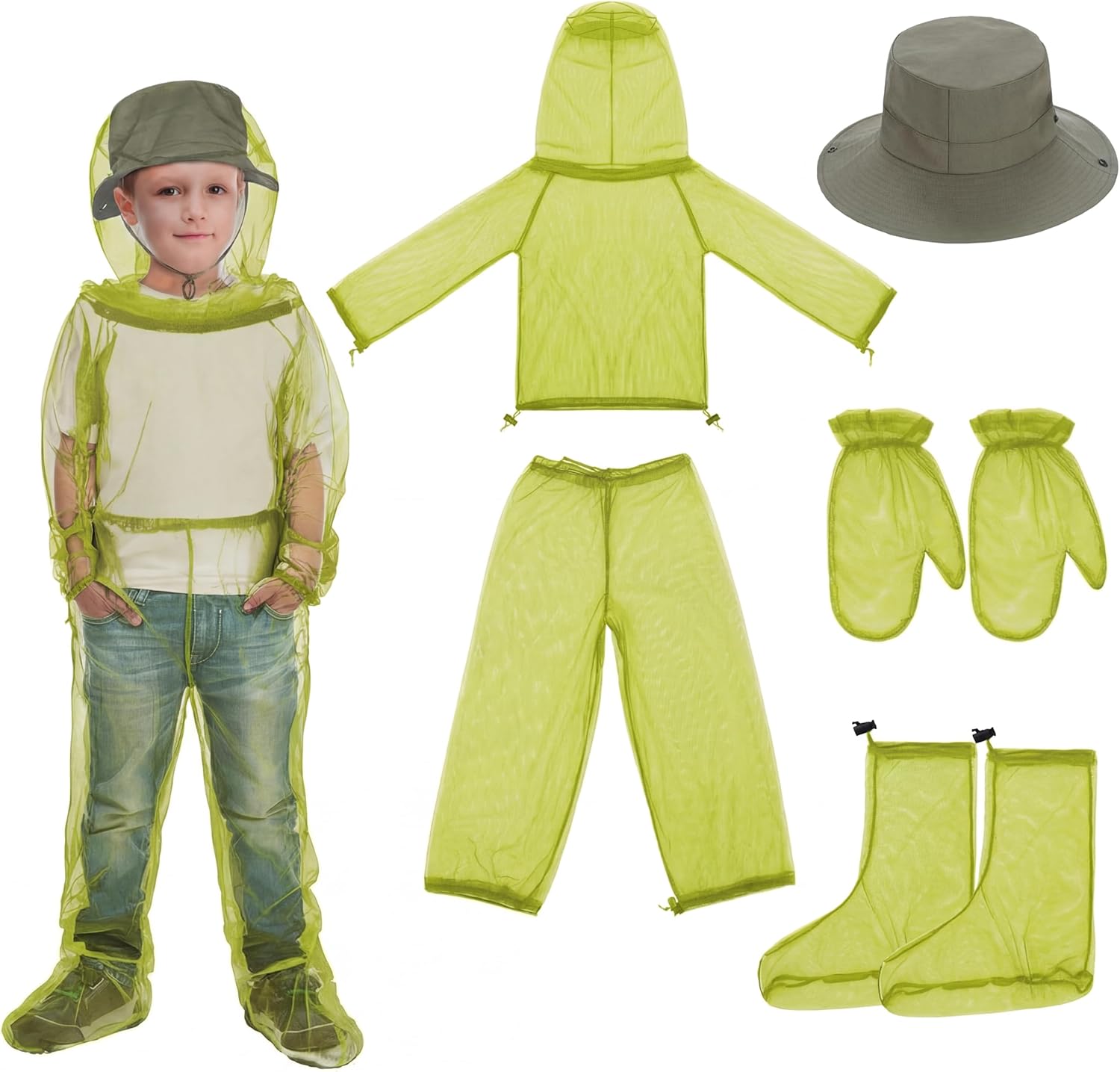 Threehoney Kids Mosquito Outdoor Suit Bug Net Pants & Jacket with Hood Fishing Hat Mitt Socks for Girls Boys Camping Hiking