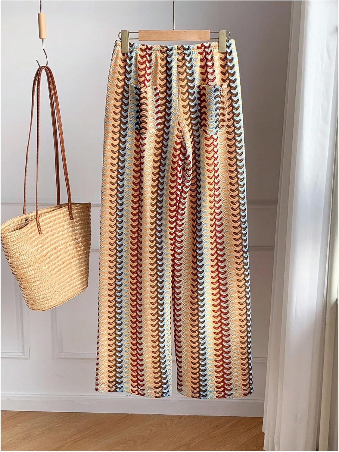 GORGLITTER Women's Crochet Pants Striped Low Rise Wide Leg Pants Colorful Boho Baggy Trousers Festival Outfits