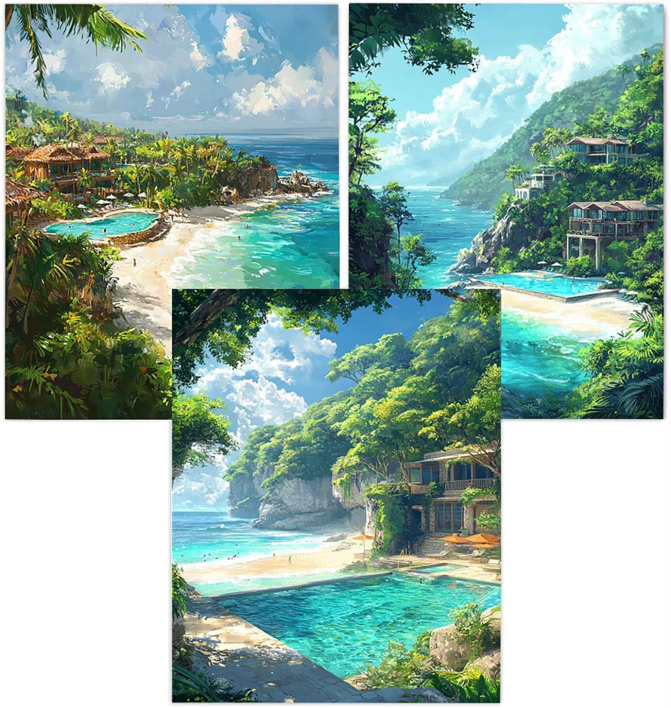 Cnyaunfi 3 Pezzi Oceano Pittura Diamante Fai-Da-Te 5D Blu Diamond Painting Kit Completo per, Hobby Creativi Adulti, Pittura Diamante Artigianale Per La Decorazione Della Parete Di Casa 60x80cm YF-3516