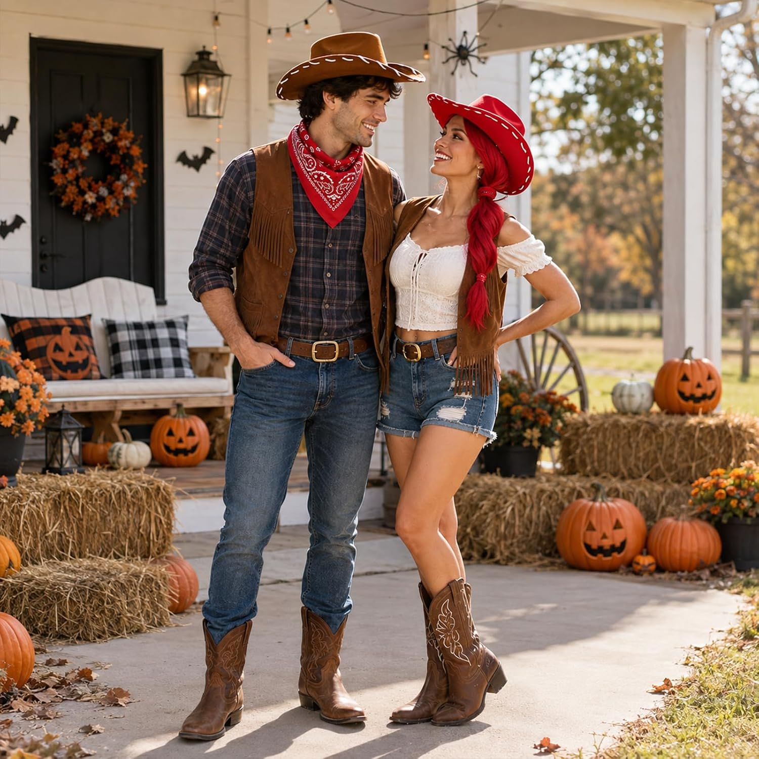 4Pcs Cowgirl Cowboy Hat Set Include Hats Scarf and Hairband for Men Women Halloween Couple Dress Up