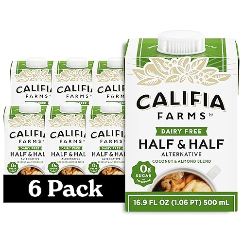Califia Farms - Better Half Sin Endulzar, Sustituto de Mitad y Mitad, 16.9 oz (Paquete de 6), Leche de Almendra, Crema de Coco, Crema para Café,