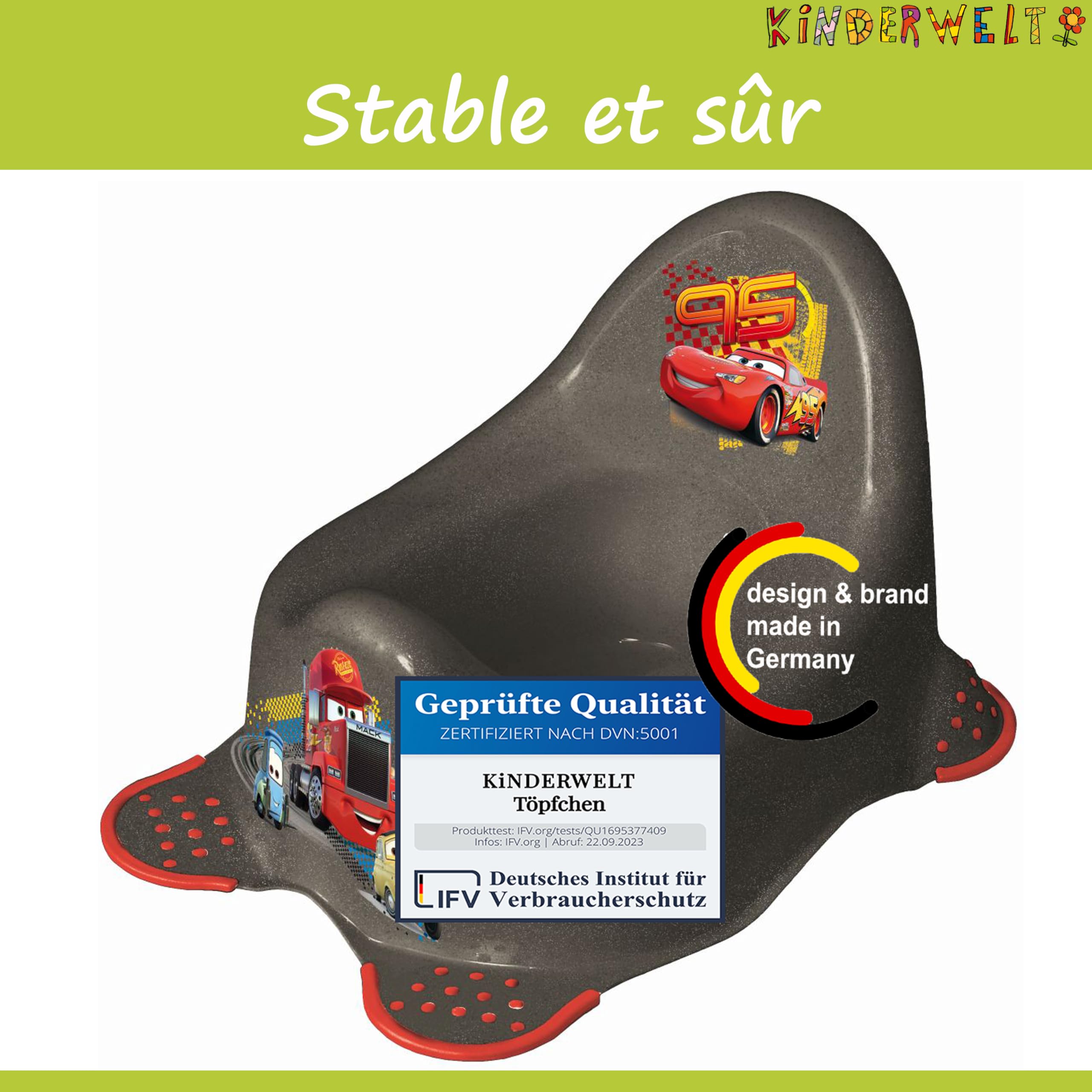 KiNDERWELT Pot de qualité supérieure pour enfants et bébés, design Disney Cars en gris, pour les tout-petits à partir de 18 mois, dossier haut, antidérapant et sans BPA