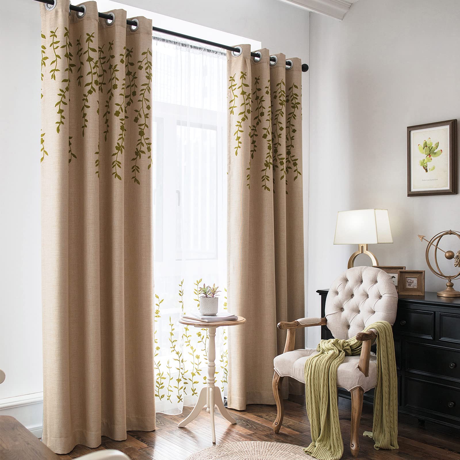 Melodieux Flower Embroidery Linen Blackout Curtains for Living Room Bedroom Silver Grommet Window Drape, Beige/Green - Image 2