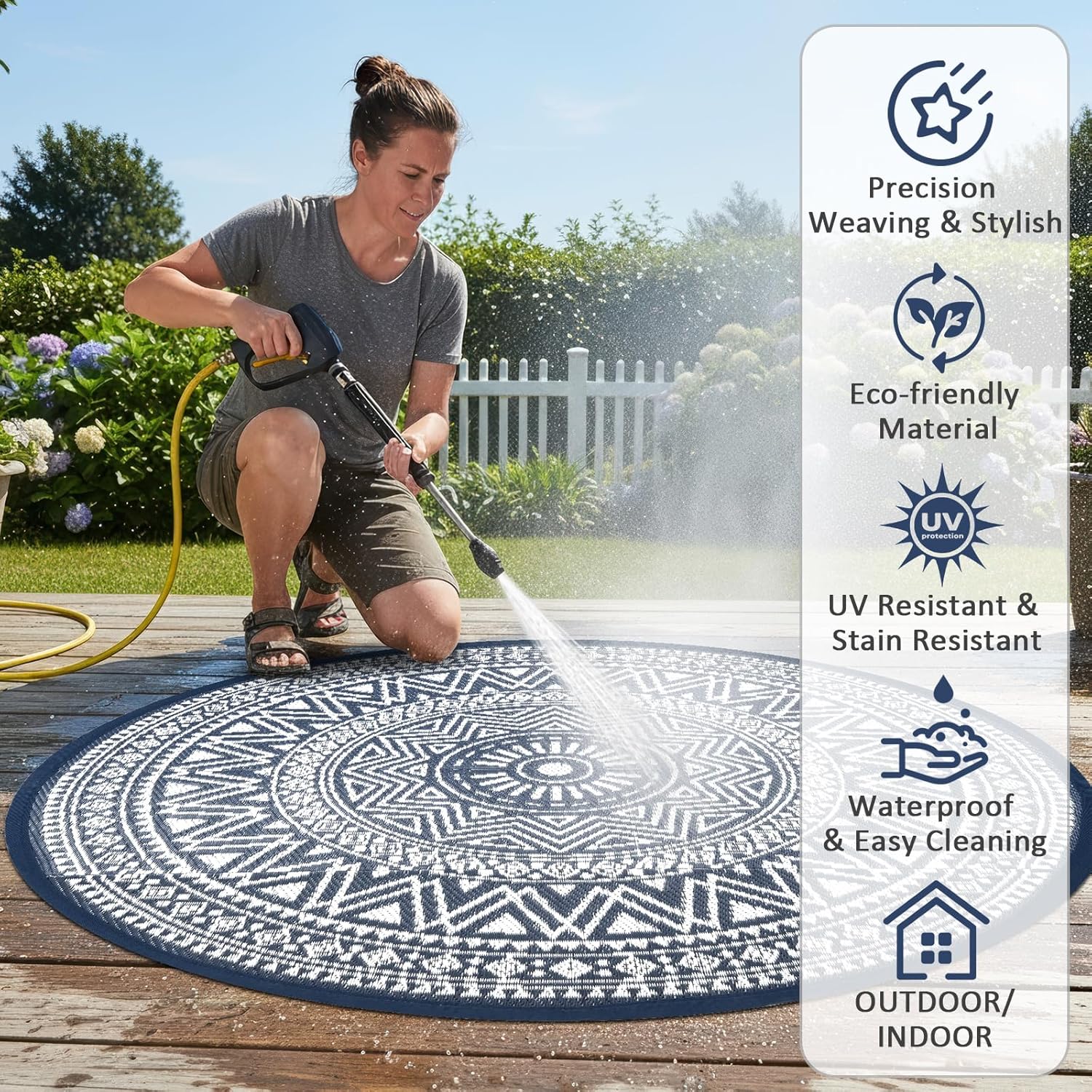 famibay Outdoor Rug Waterproof 6ft Round, Reversible Boho Plastic Straw Patio Camping Area Rugs, Portable Indoor Outdoor RV Mat for Deck, Porch, Balcony, Backyard, Picnic, Beach, Pool, Blue & White