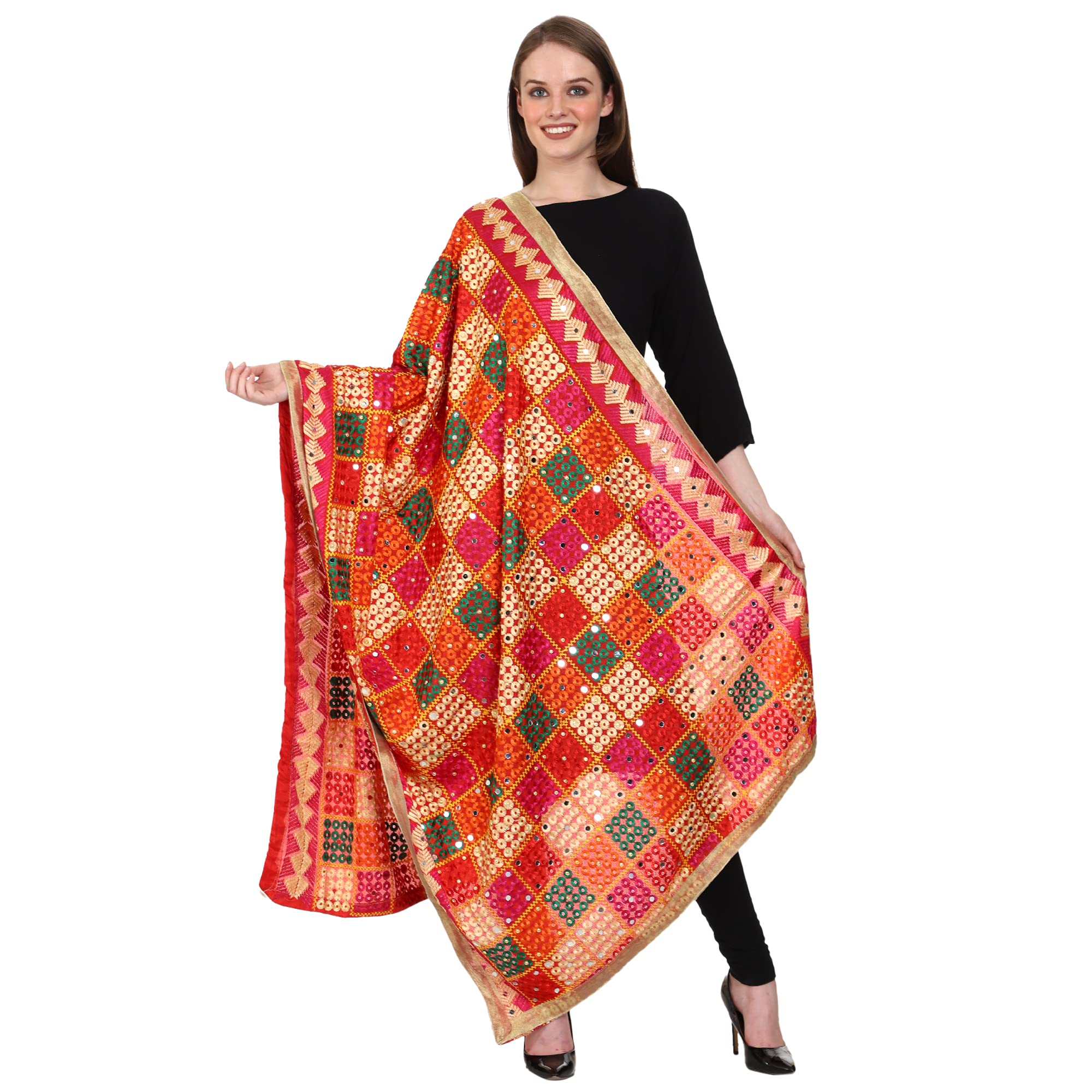 Webelkart Damen bestickte Phulkari Chiffon Dupatta | Traditioneller Punjabi-Stil | leichte ethnische Stola für Festlich & Alltag