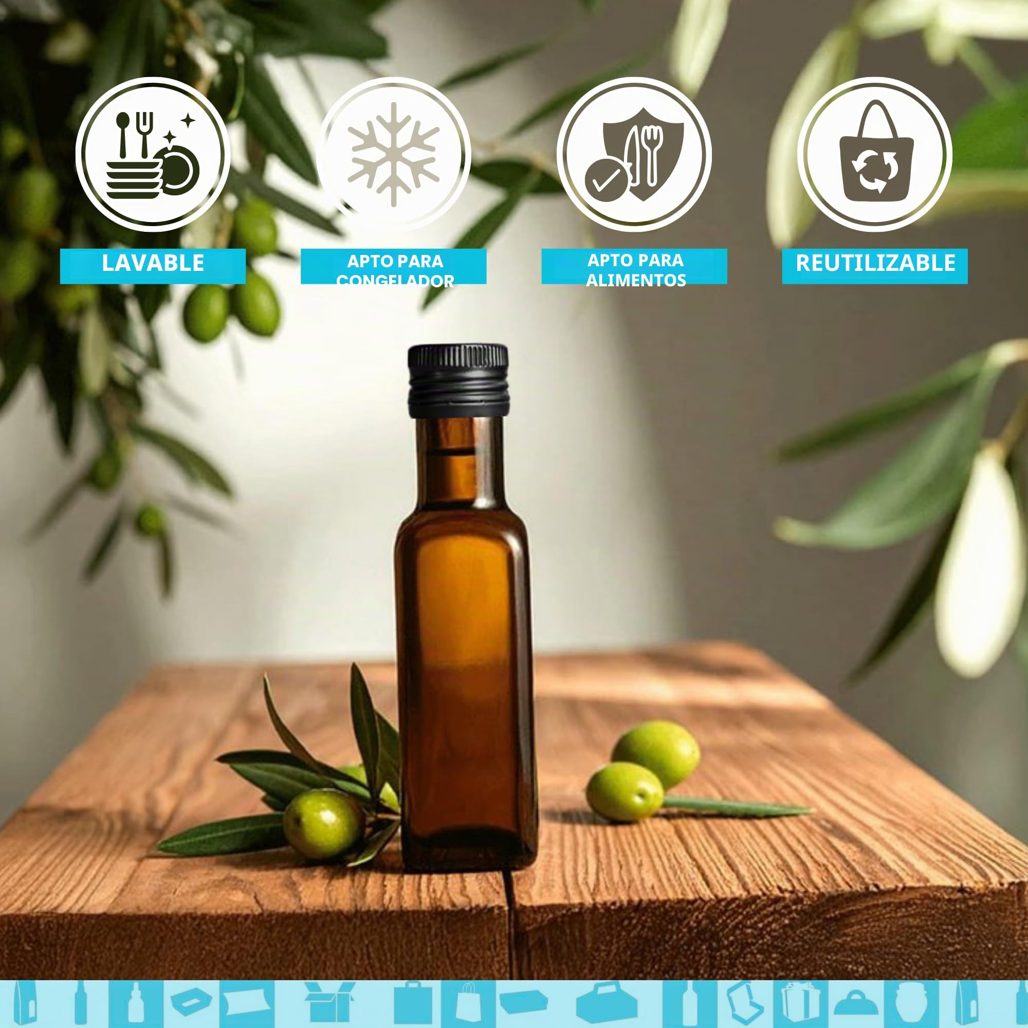 20 Botellas de Cristal Oscuro 100 ml con Tapón de Rosca Negro + 20 Cajas + 20 sellos + 20 Etiquetas Kraft + Cuerda – Botellas Pequeñas para Aceite de Oliva, Vinagre, Alcohol, Muestras