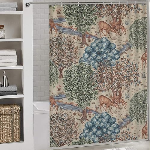 Miniatura 10 de William Morris - Cortina de ducha con estampado de pájaros azules, poliéster impermeable con 12 ganchos, 72 x 72 pulgadas