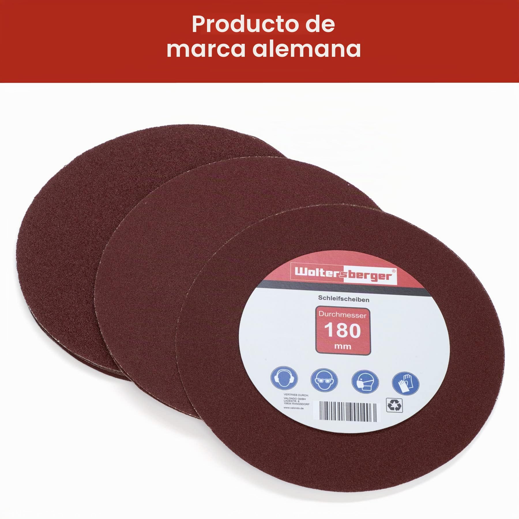 Woltersberger® Discos de lija 50 piezas Ø 180 mm | grano tamaño P40, P80, P100, P180, P320 | sin orificio en rojo